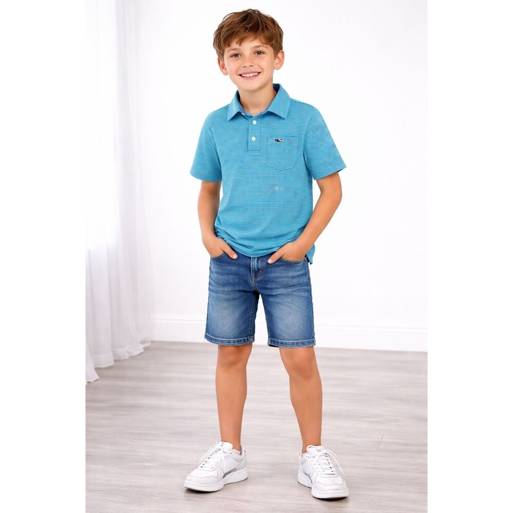 VINEYARD VINES Polo Kids Boys Shirt SMALL 8-9Y Striped Blue Green Pocket Logo